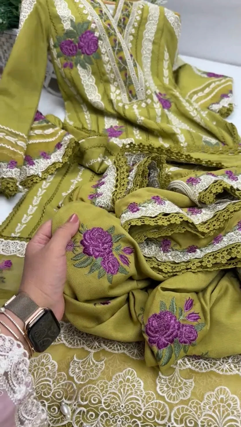 Women Stitched Twill Emb 3pc Twill Shawl
