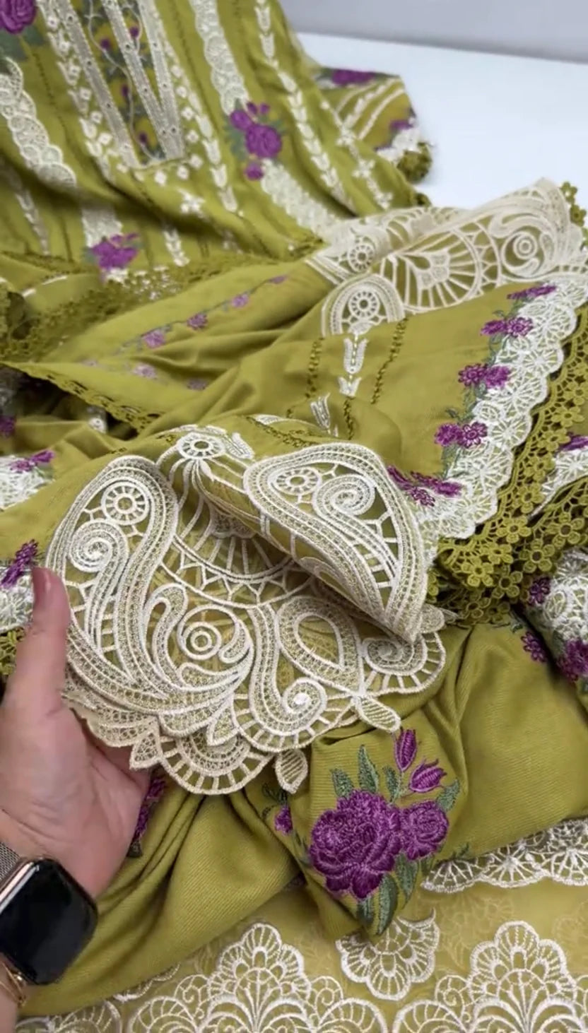 Women Stitched Twill Emb 3pc Twill Shawl