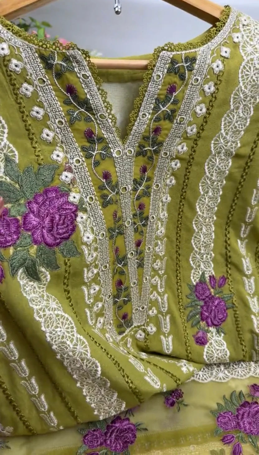 Women Stitched Twill Emb 3pc Twill Shawl