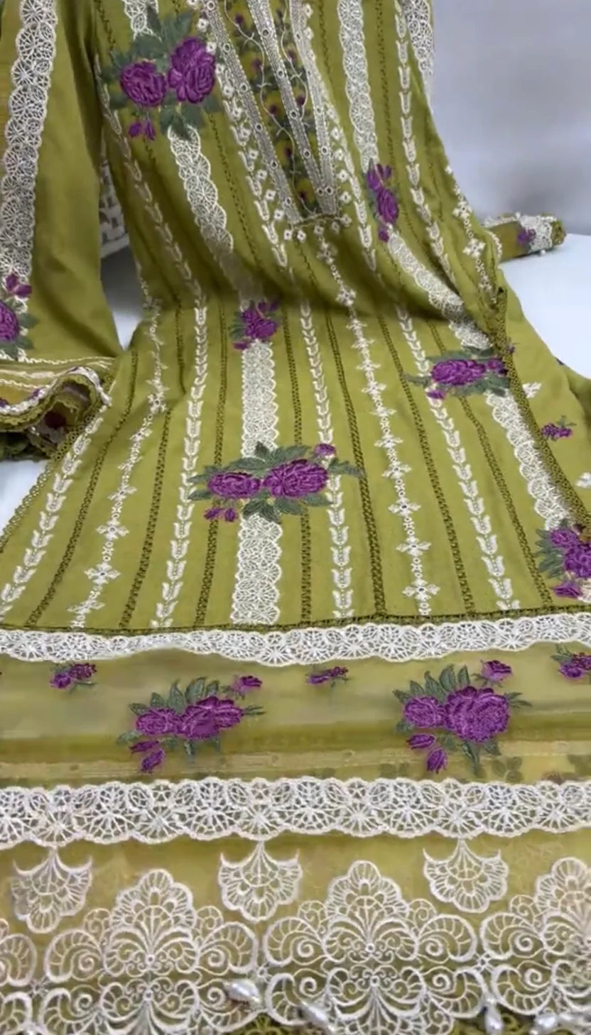 Women Stitched Twill Emb 3pc Twill Shawl