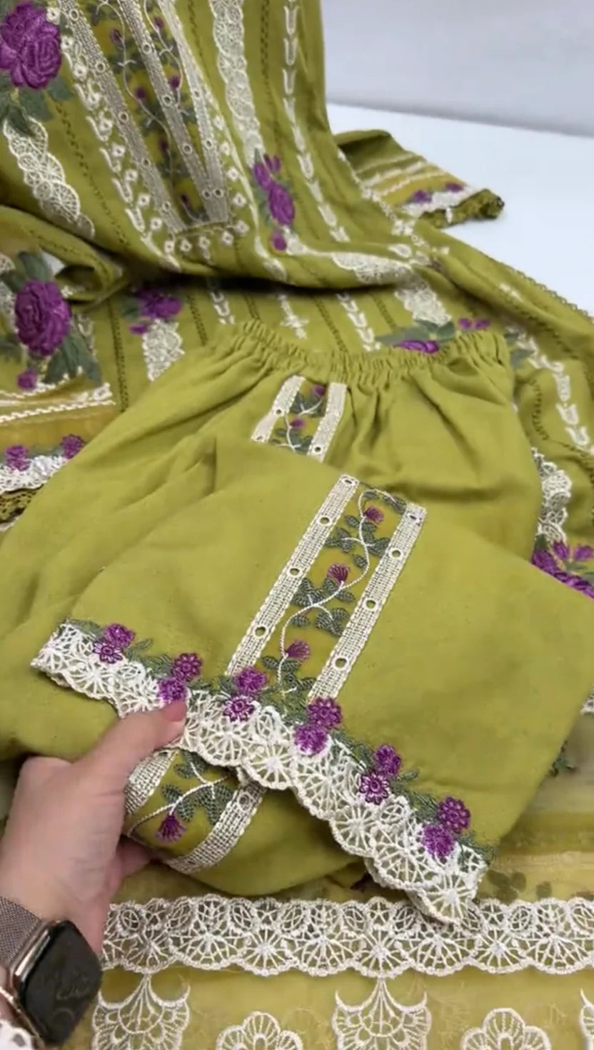 Women Stitched Twill Emb 3pc Twill Shawl