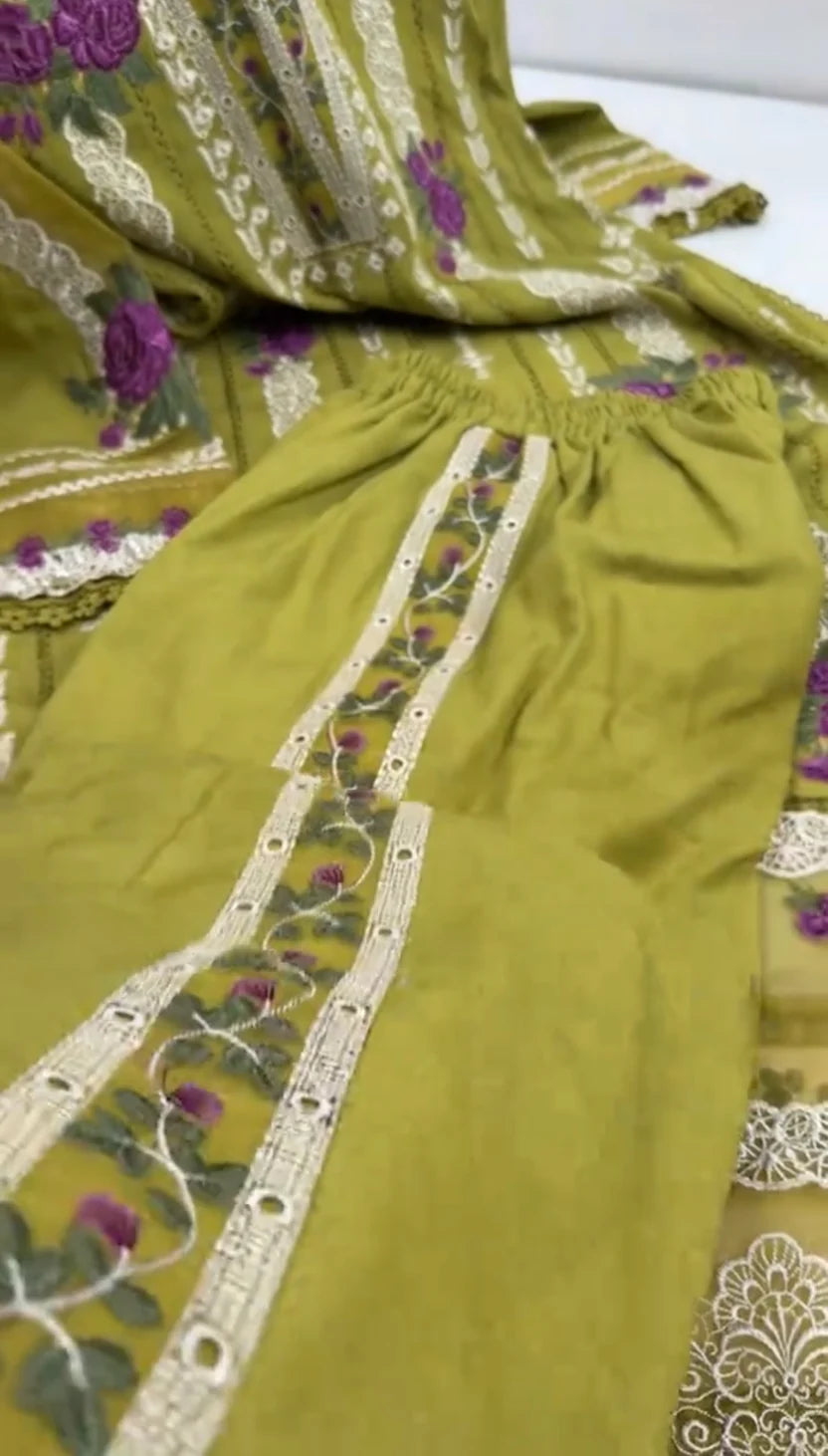 Women Stitched Twill Emb 3pc Twill Shawl